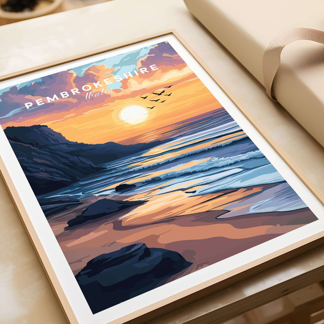 Pembrokeshire Coast Wales travel print showcasing a stunning sunset over the beach and waves.