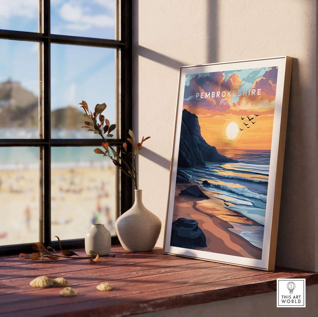 Pembrokeshire Coast Wales travel print by the window, showcasing a stunning sunset over the beach and cliffs.