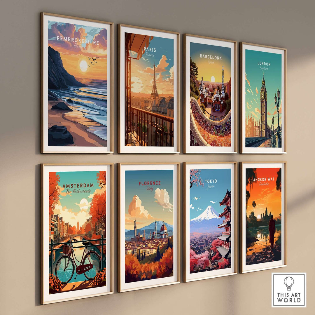 Collection of vibrant travel prints featuring iconic locations: Pembrokeshire, Paris, Barcelona, London, Amsterdam, Florence, Tokyo, and Angkor Wat.