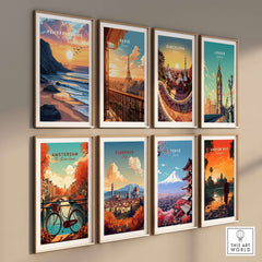 Pembrokeshire Coast Wales Travel Print and vibrant city travel prints displayed on a wall.