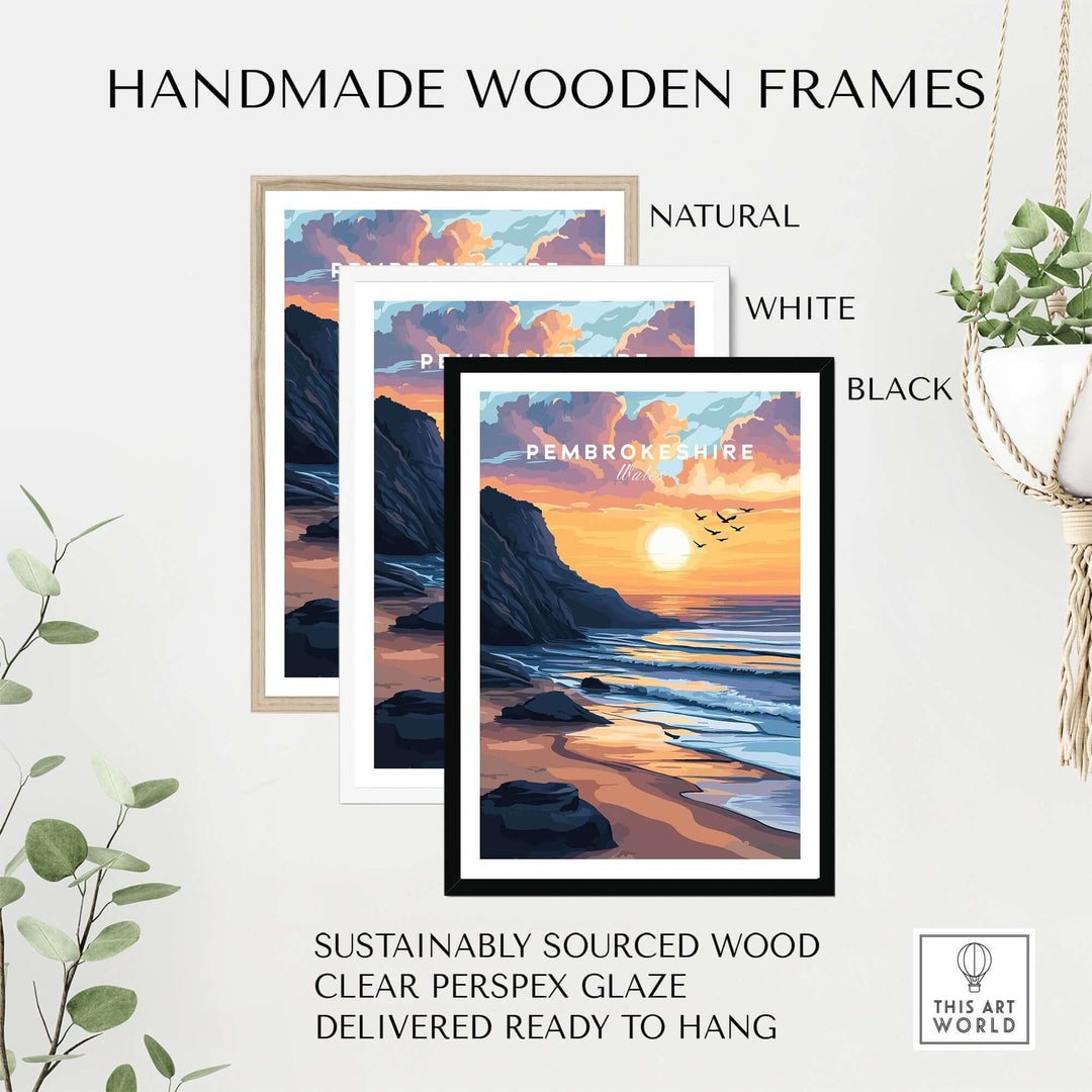 Handmade wooden frames in natural, white, and black for Pembrokeshire Coast travel print, sustainably sourced and ready to hang.