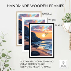 Handmade wooden frames for Pembrokeshire Coast Wales Travel Print, available in natural, white, and black finishes.