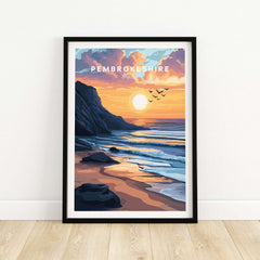 Pembrokeshire Coast Wales Travel Print featuring a sunset view over the coast in a beautiful travel poster design.