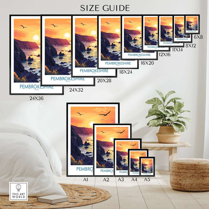 Size guide for Pembrokeshire Coast wall art prints showcasing various dimensions and vibrant sunset design.