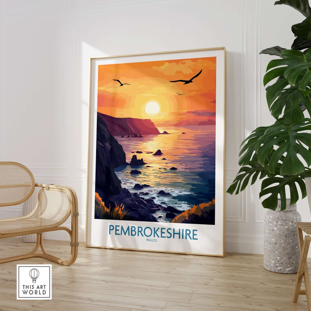 Pembrokeshire Coast Wales wall art print featuring a vibrant sunset and seagulls, perfect for nature lovers.