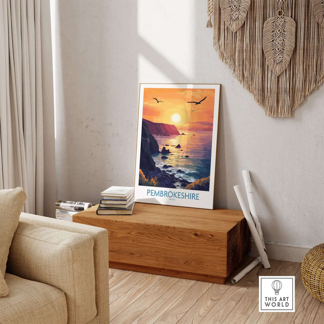 Pembrokeshire Coast sunset wall art print displayed in a stylish interior setting, highlighting vibrant colors and tranquility.