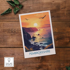 Pembrokeshire Coast Wales Wall Art Print featuring a vibrant sunset over the coast.