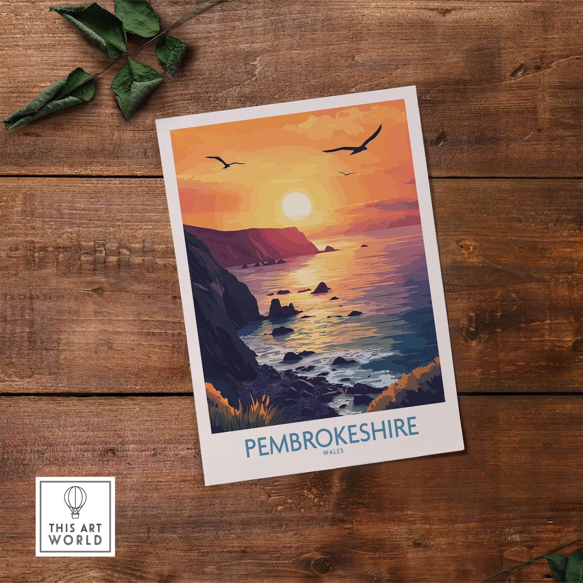 Pembrokeshire Coast Wales Wall Art Print featuring a vibrant sunset over the coast.