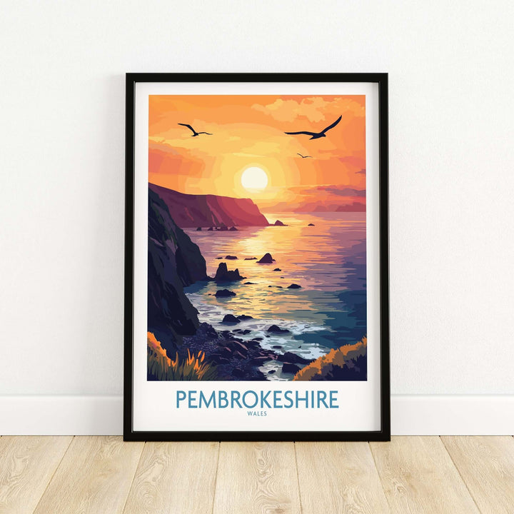 Stunning Pembrokeshire Coast wall art print featuring a vibrant sunset and seagulls soaring over the water.