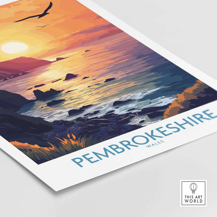 Pembrokeshire Coast wall art print featuring a vibrant sunset and serene landscape, perfect for nature lovers.