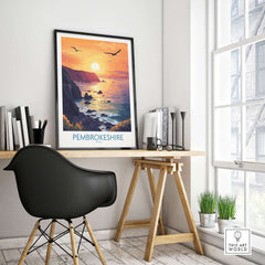 Pembrokeshire Coast Wales Wall Art Print showcasing vibrant sunset colors in a serene coastal setting.