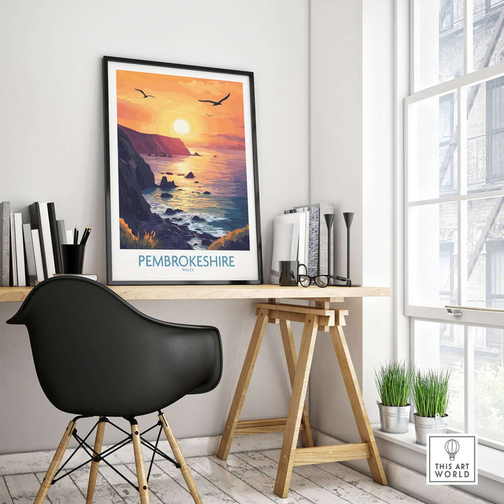 Pembrokeshire Coast Wales wall art print in a modern office setting, showcasing vibrant sunset colors and coastal scenery.