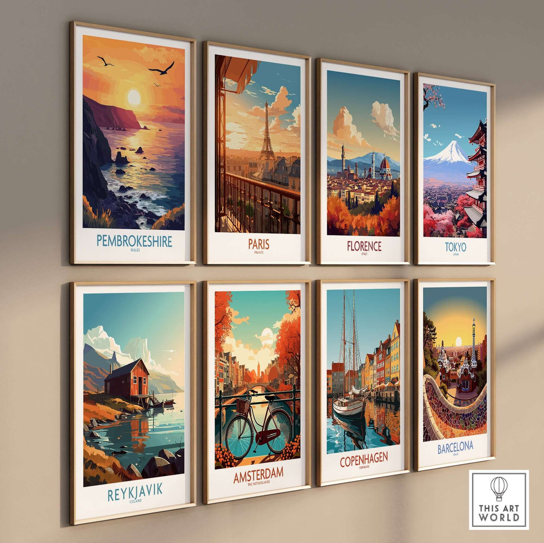 Collection of colorful travel wall art prints featuring Pembrokeshire, Paris, Florence, Tokyo, Reykjavik, Amsterdam, Copenhagen, and Barcelona.