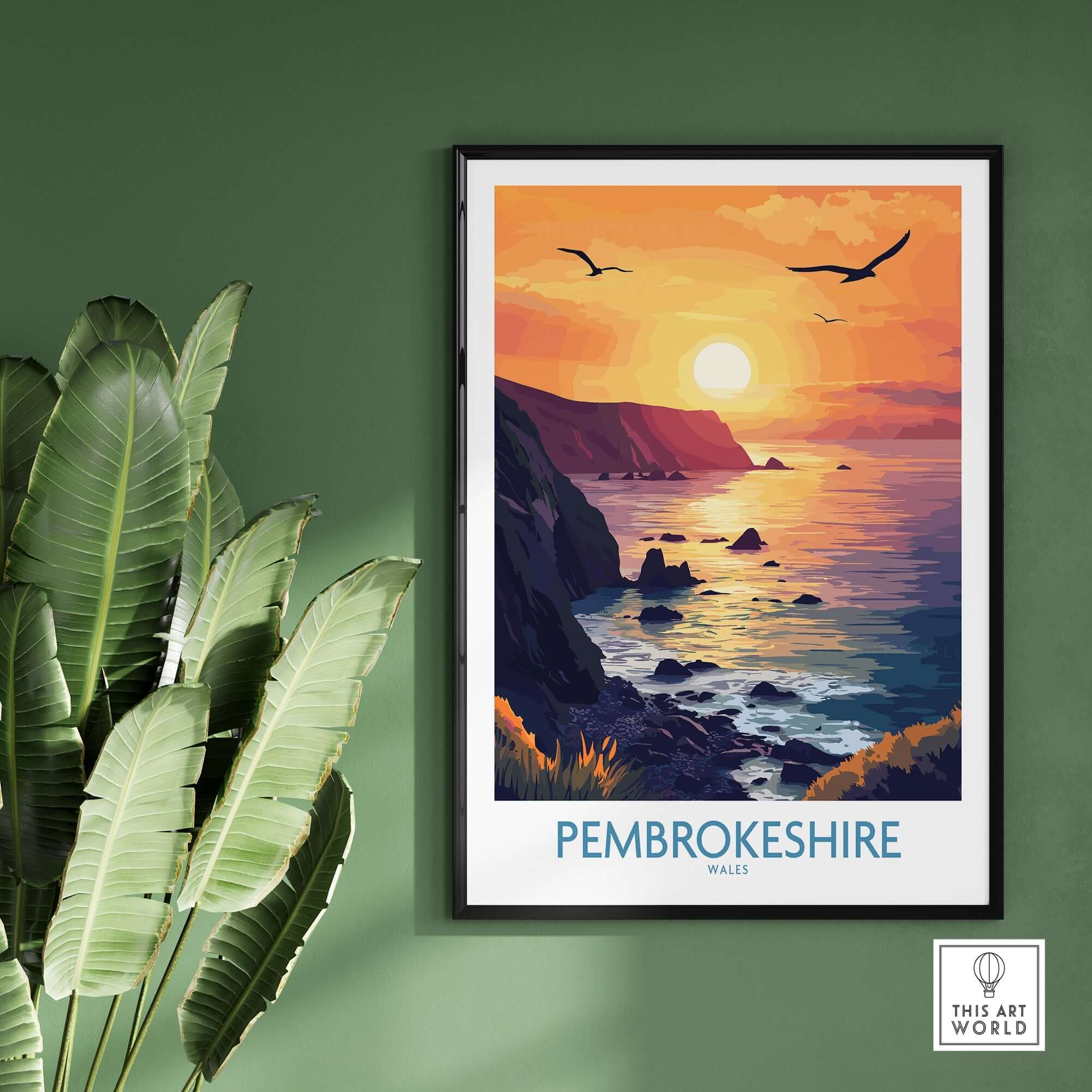 Pembrokeshire Coast Wales Wall Art Print showcasing a sunset over the coast with vibrant colors and seagulls.