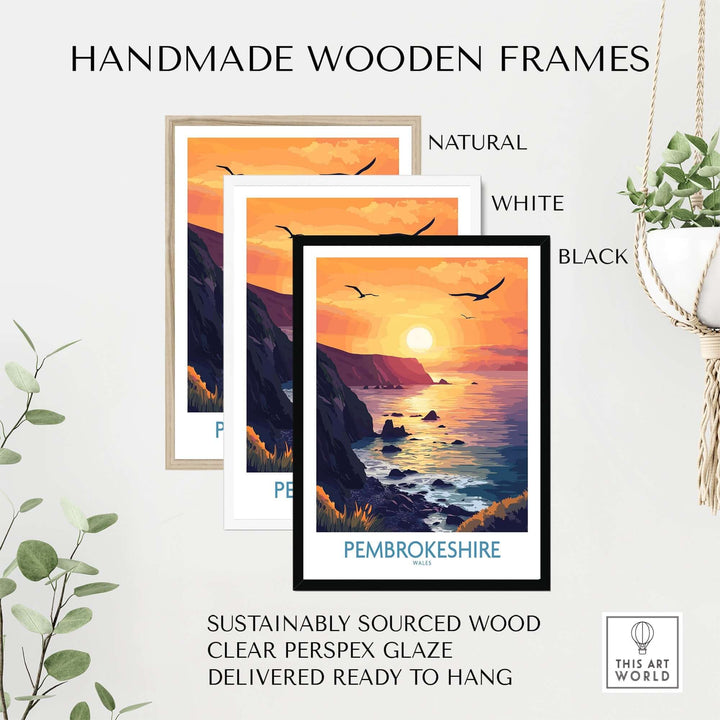 Handmade wooden frames in natural, white, and black for Pembrokeshire Coast wall art print, featuring sustainably sourced wood.