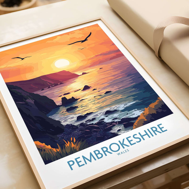 Vibrant Pembrokeshire Coast wall art print featuring sunset over the sea, with birds flying above, perfect for nature lovers.