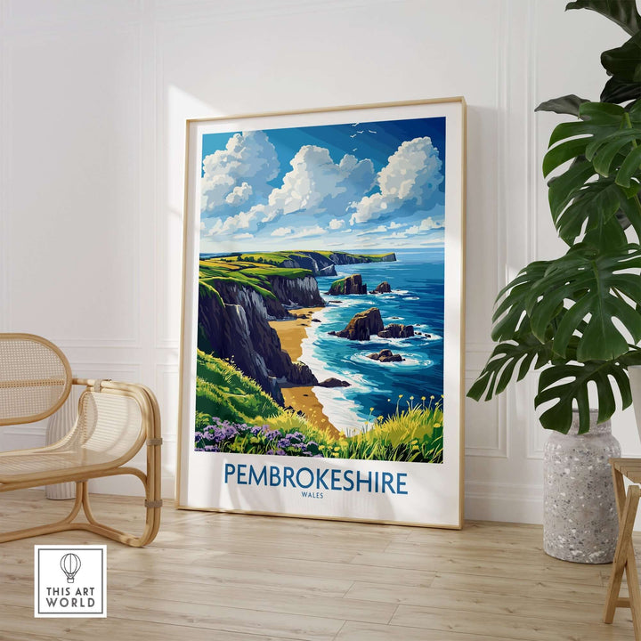 Pembrokeshire poster featuring vibrant coastal landscapes and blue skies, displayed in a modern living space.