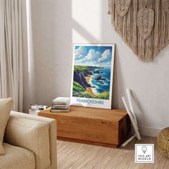 Pembrokeshire Poster depicting the coastline and landscape of Pembrokeshire in a stylish home setting.
