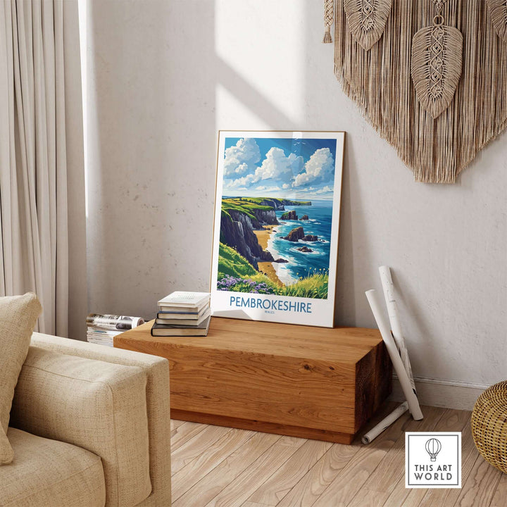 Vibrant Pembrokeshire poster displayed in a cozy living room, showcasing stunning coastlines and landscapes.