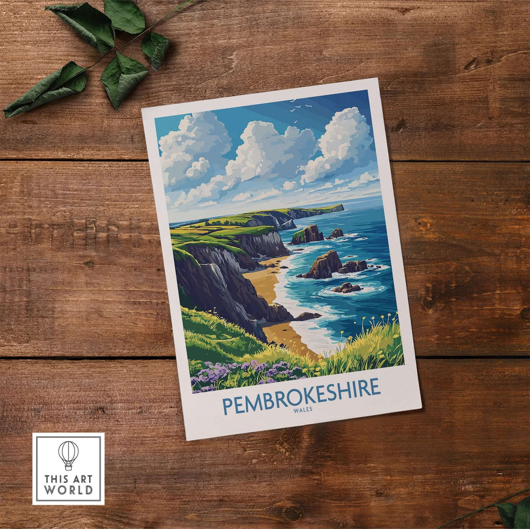 Pembrokeshire poster featuring vibrant coastal landscape, cliffs, and sky, perfect for nature lovers and home decor.