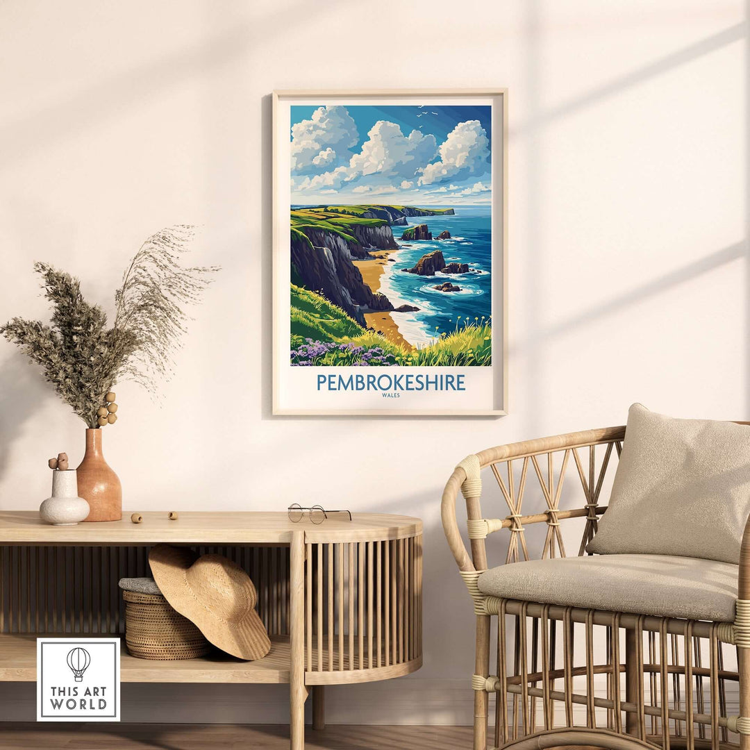 Pembrokeshire poster displaying stunning coastal scenery, framed and displayed in a stylish living room setting.