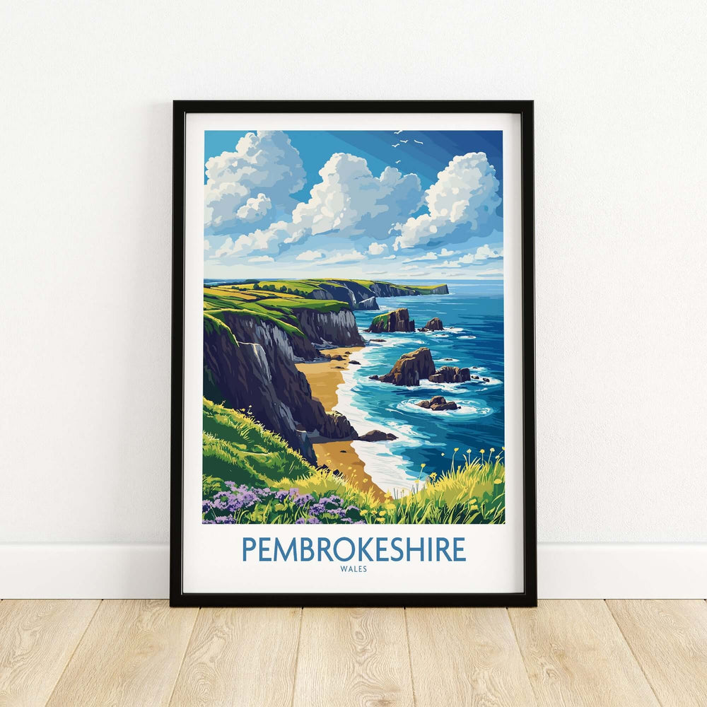 Pembrokeshire poster showcasing vibrant coastal landscapes and dramatic cliffs in Wales.