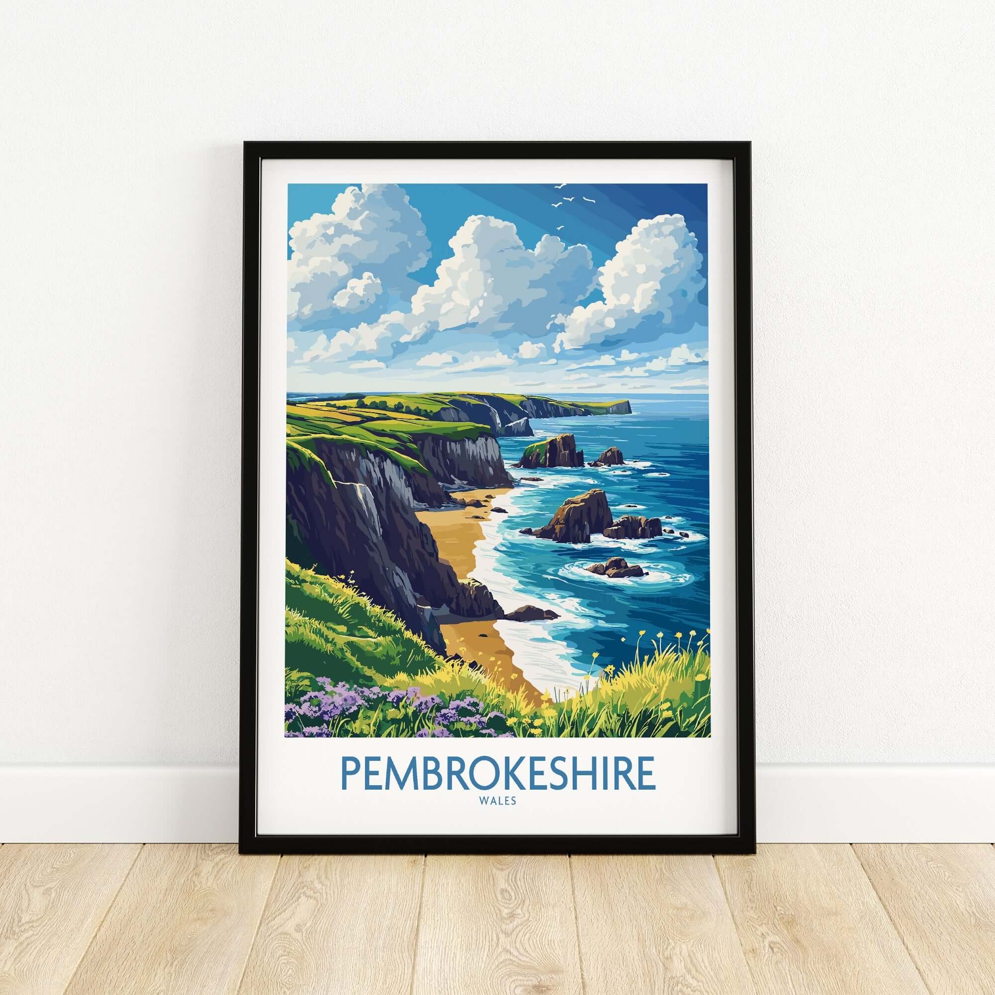 Pembrokeshire Poster showcasing vibrant coastline and clouds, perfect for nature lovers and home decor in Pembrokeshire.