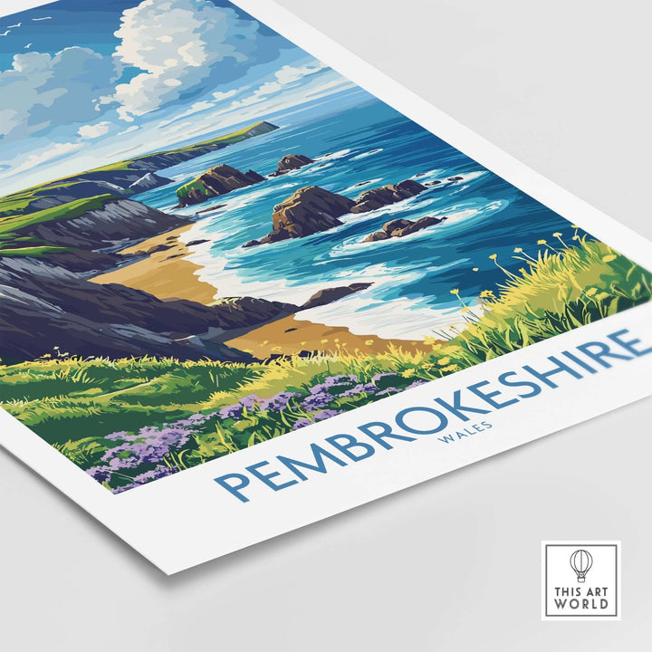 Vibrant Pembrokeshire poster showcasing stunning coastlines and landscapes of Wales, perfect for nature lovers and home decor.