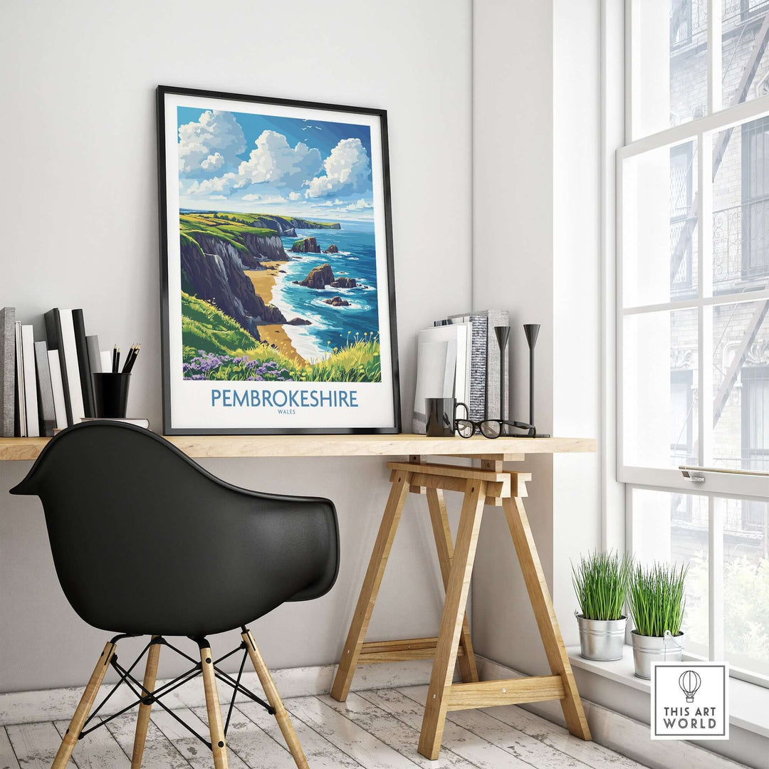 Pembrokeshire poster displayed in a stylish office, showcasing vibrant coastal landscapes and nature.