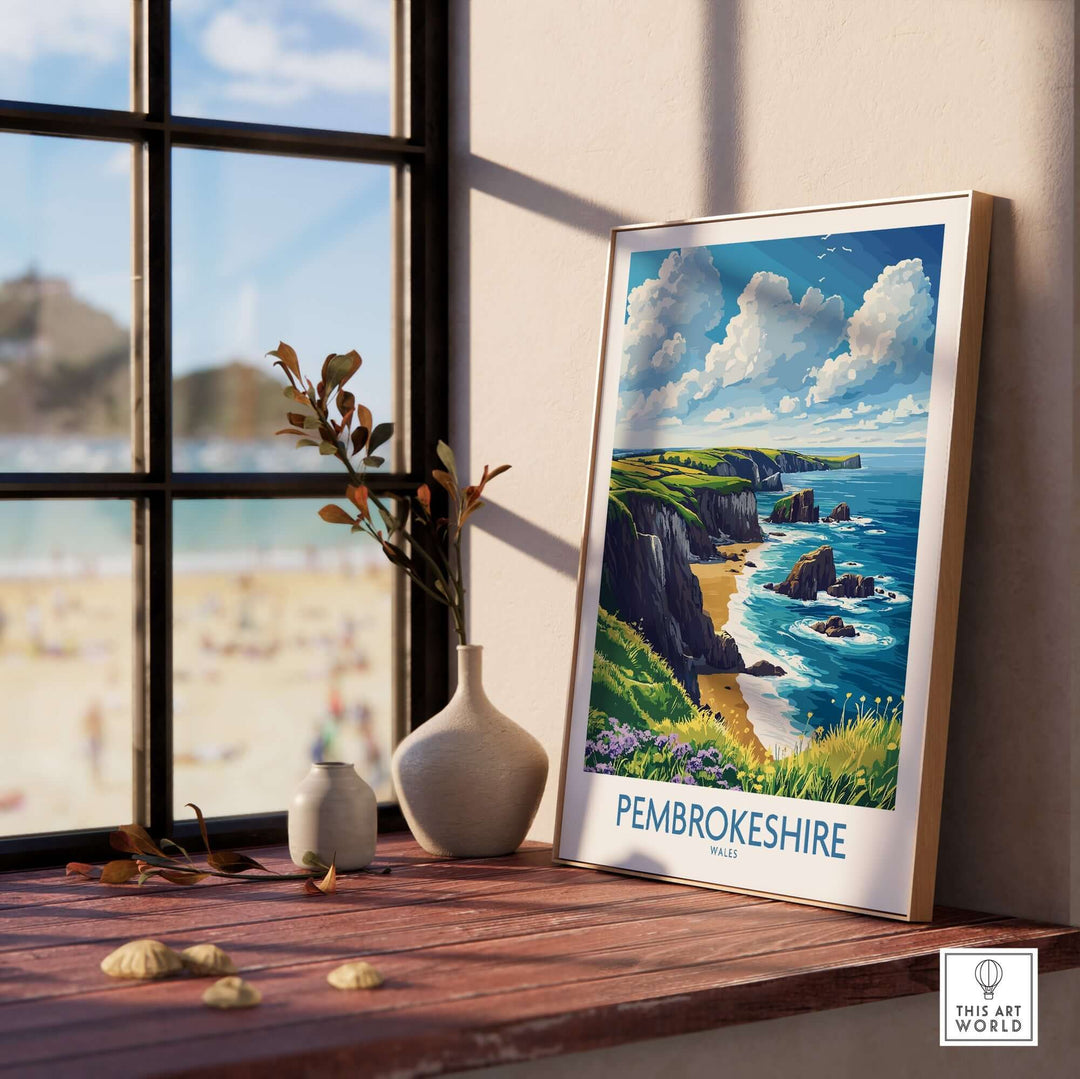 Vibrant Pembrokeshire poster showcasing coastal landscapes displayed near a window with beach view.