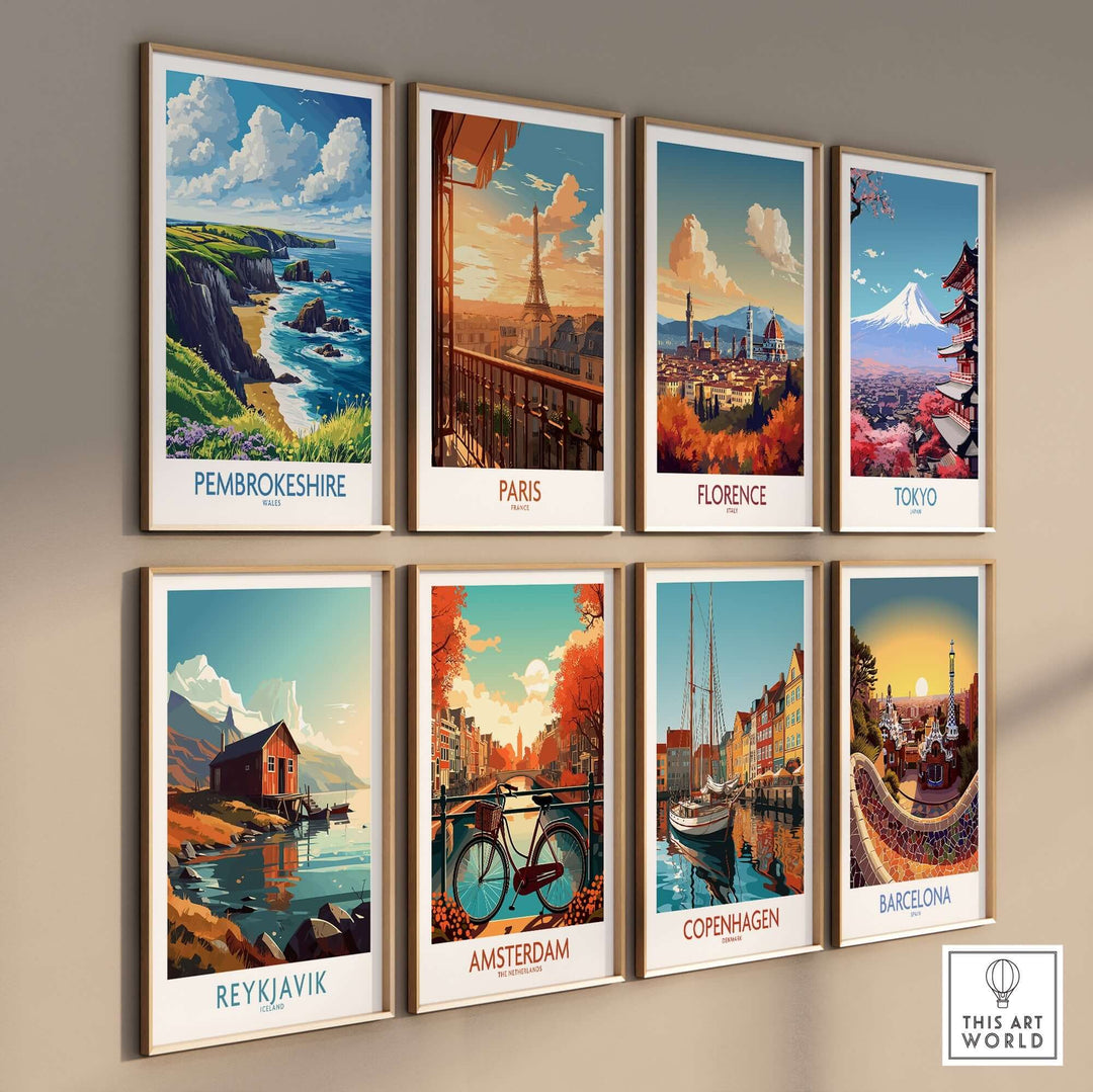 Colorful travel posters featuring Pembrokeshire, Paris, Florence, Tokyo, Reykjavik, Amsterdam, Copenhagen, and Barcelona.