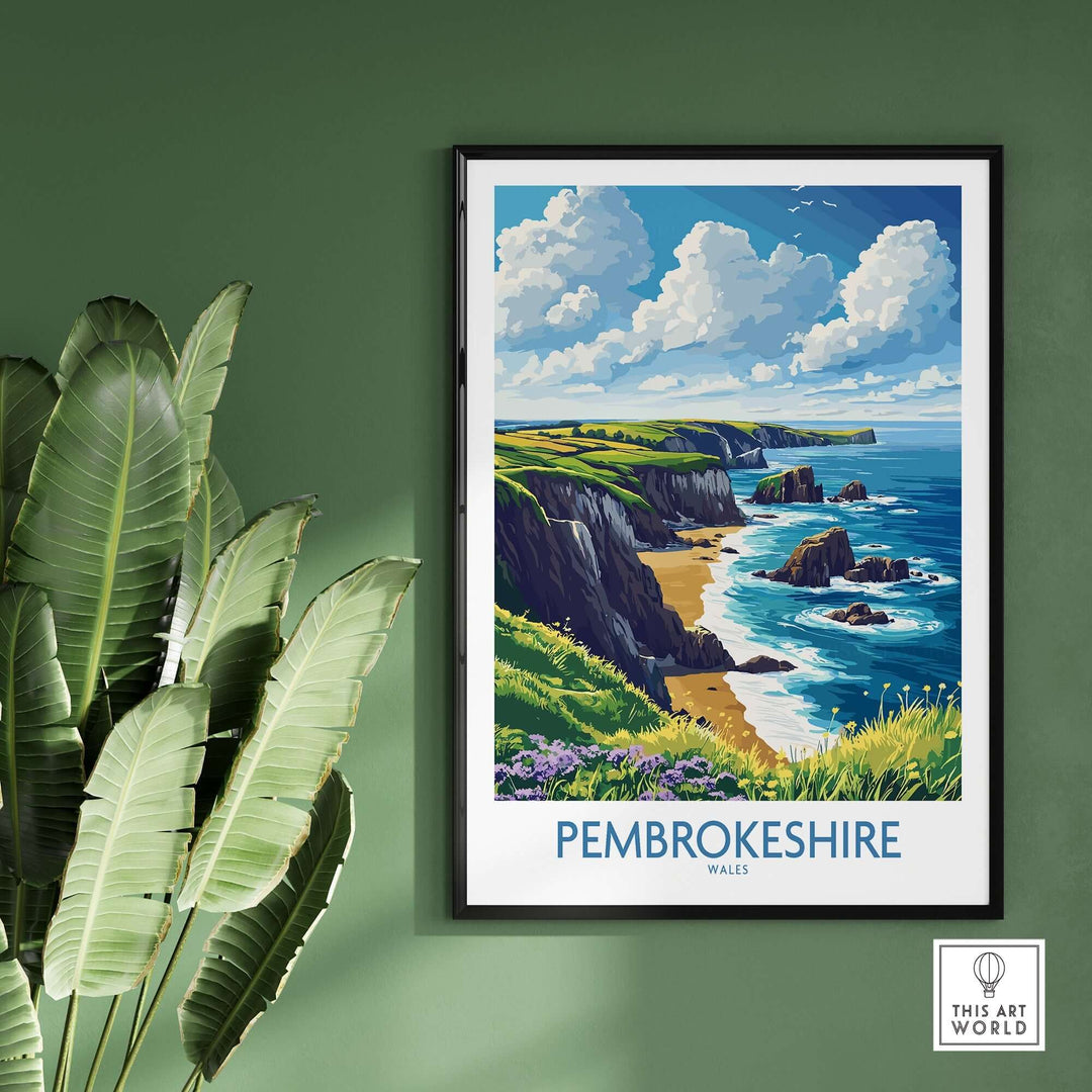 Vibrant Pembrokeshire poster showcasing stunning coastline and landscapes, perfect for nature lovers and home decor.