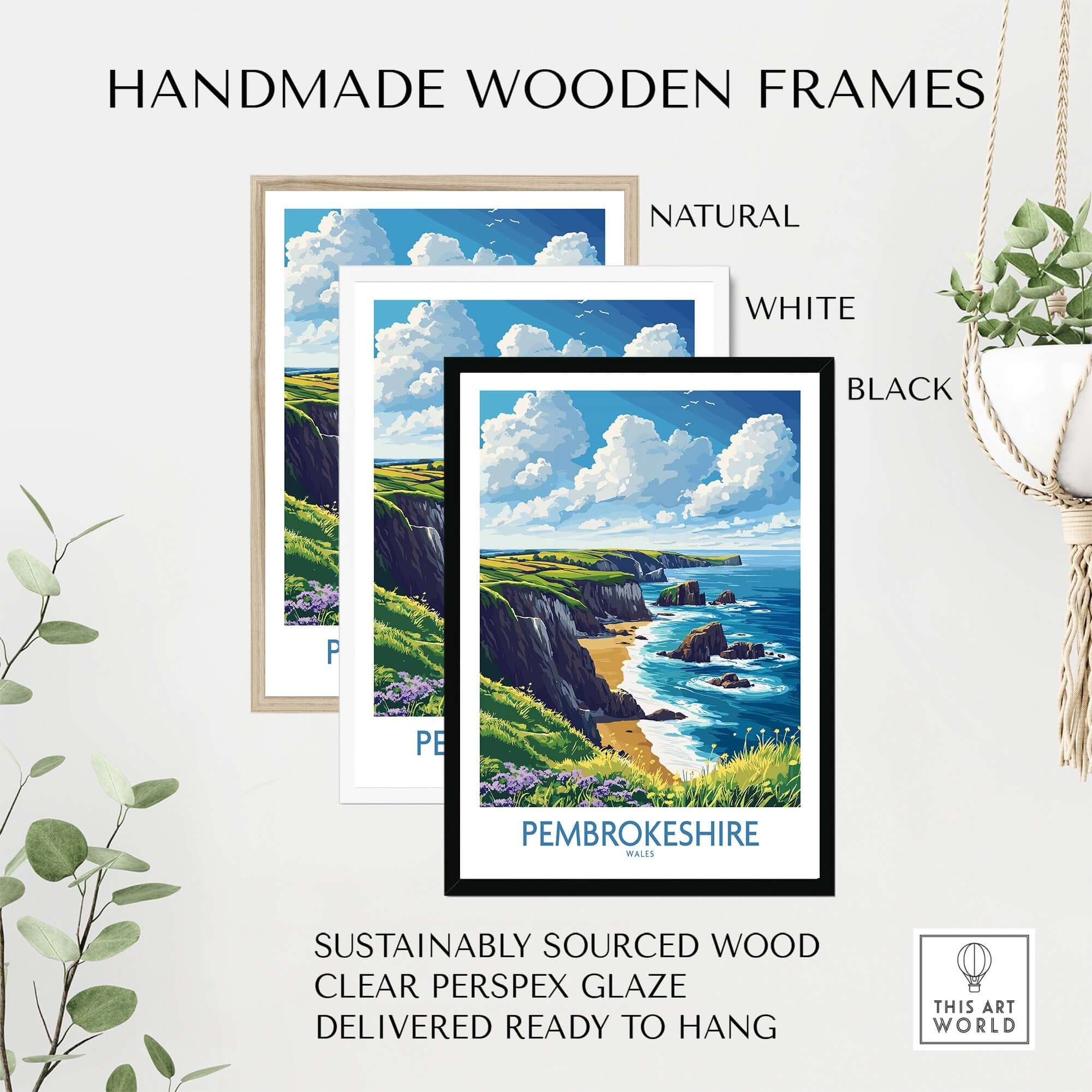 Pembrokeshire Poster in handmade wooden frames, featuring natural, white, and black options with vibrant coastlines.