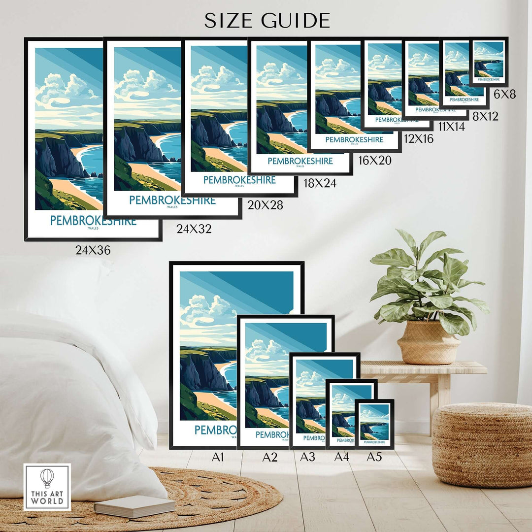 Size guide for Pembrokeshire poster showcasing various frame sizes and dimensions in a stylish home setting.