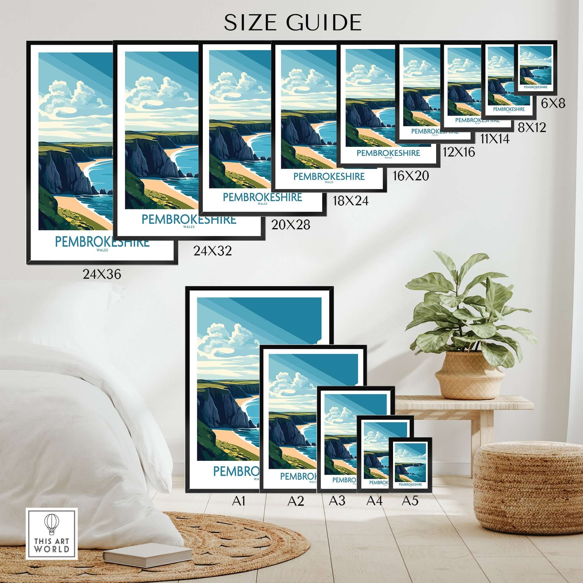 Size guide for Pembrokeshire Poster Wales showcasing various frame sizes and scenic artwork of Pembrokeshire.