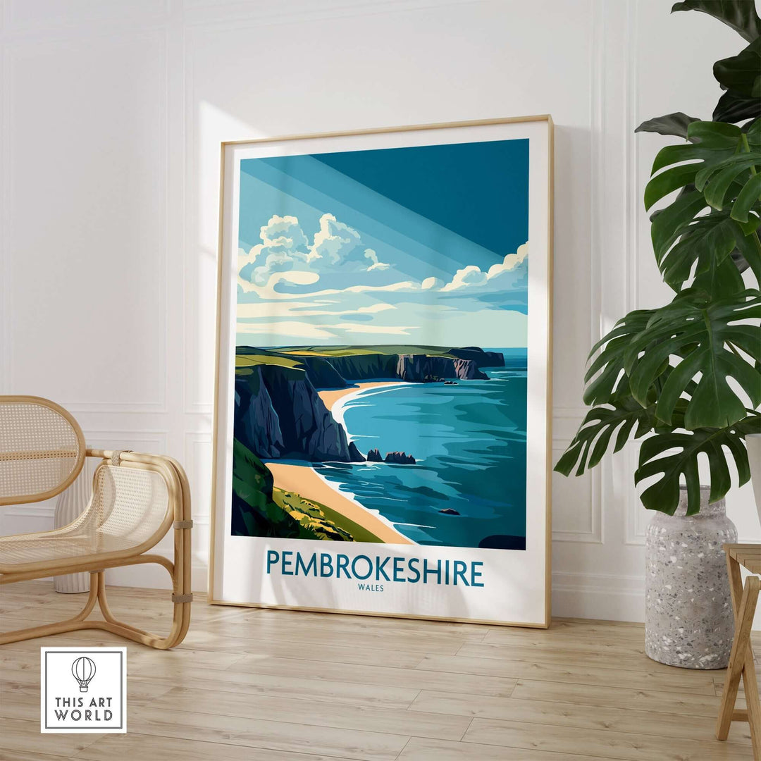 Pembrokeshire poster showcasing Wales' stunning coastline, framed in a stylish room with a plant and chair.