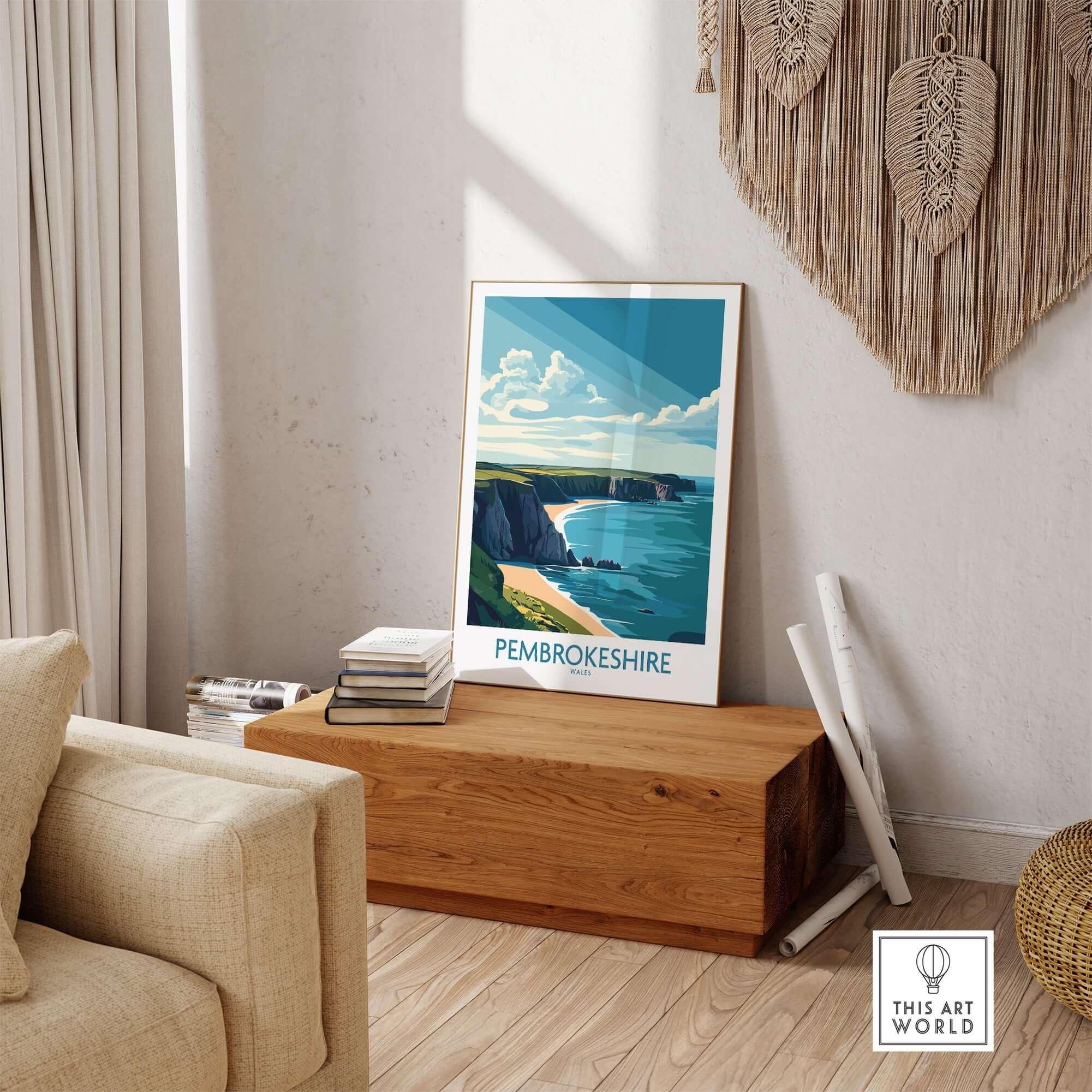 Pembrokeshire Poster Wales displayed in a cozy living room, showcasing the stunning coastline of Pembrokeshire.
