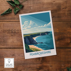 Pembrokeshire Poster Wales showcasing the stunning coastal views of Pembrokeshire in a vibrant design.