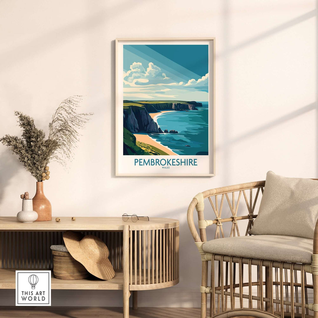 Vibrant Pembrokeshire poster showcasing Wales' stunning coastline in a stylish interior setting. Perfect for nature lovers.