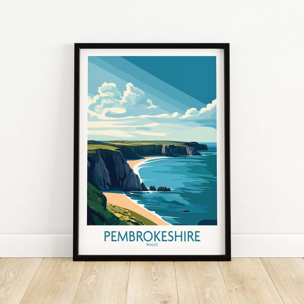 Pembrokeshire poster showcasing Wales' stunning coastline and vibrant sea views, perfect for home decor.