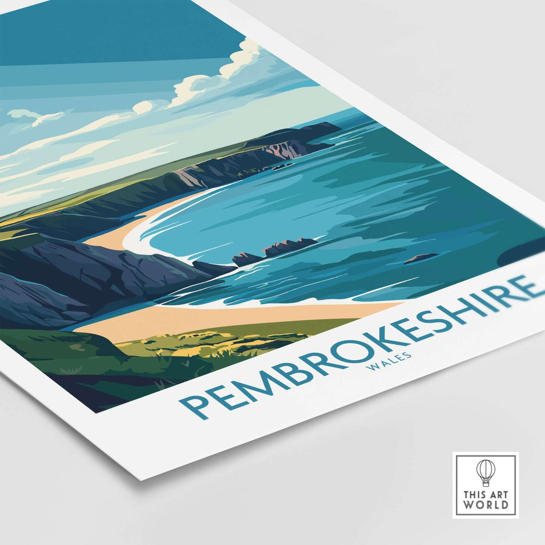 Vibrant Pembrokeshire poster showcasing Wales' stunning coastline and natural beauty, perfect for decor.