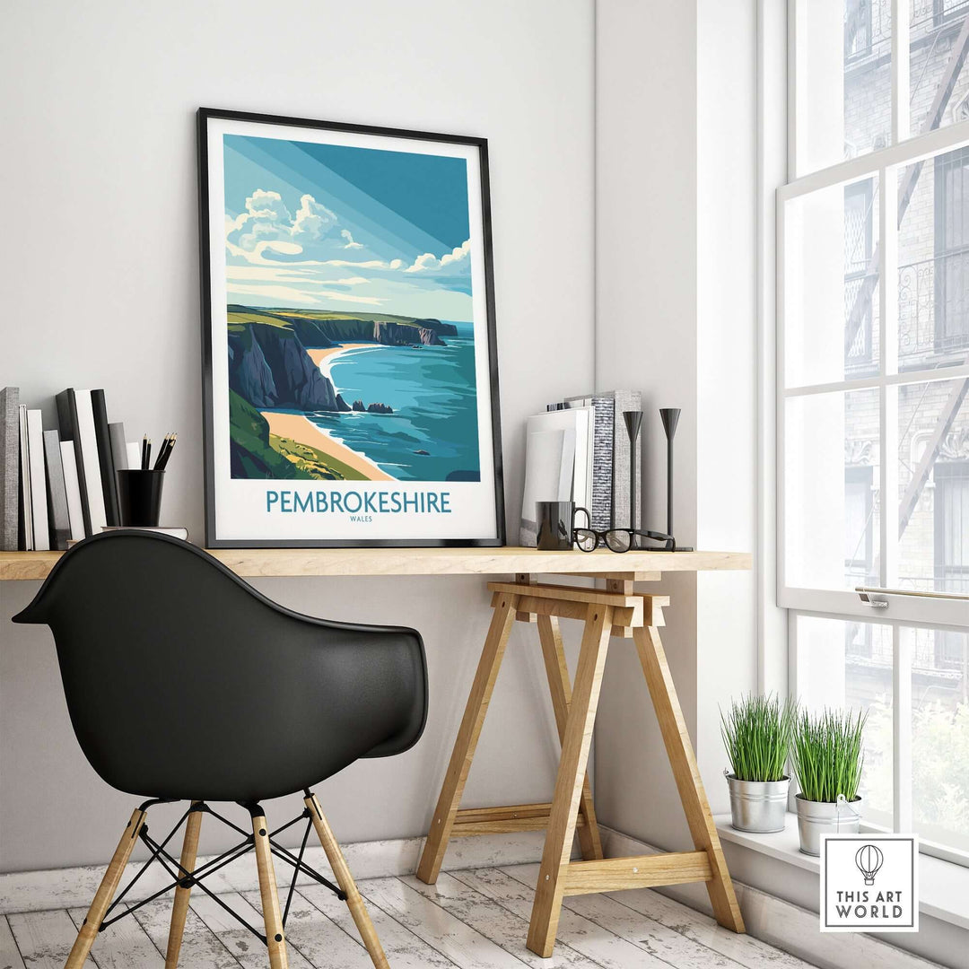 Pembrokeshire poster showcasing scenic coastal views, displayed in a modern workspace with stylish decor.