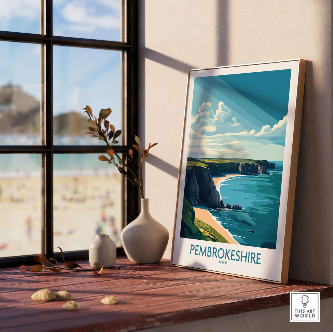 Pembrokeshire poster showcasing Wales' coastline, vibrant colors, displayed in a sunlit room with decorative elements.