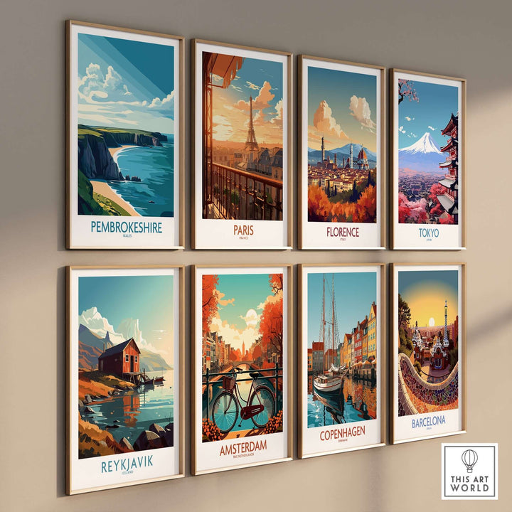 Colorful travel posters showcasing Pembrokeshire, Paris, Florence, Tokyo, Reykjavik, Amsterdam, Copenhagen, and Barcelona.