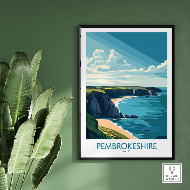 Pembrokeshire poster showcasing Wales' stunning coastline, framed and displayed against a green wall with indoor plants.