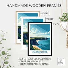 Handmade wooden frames showcasing a Pembrokeshire Poster Wales, sustainable materials, clear perspex glaze, ready to hang.