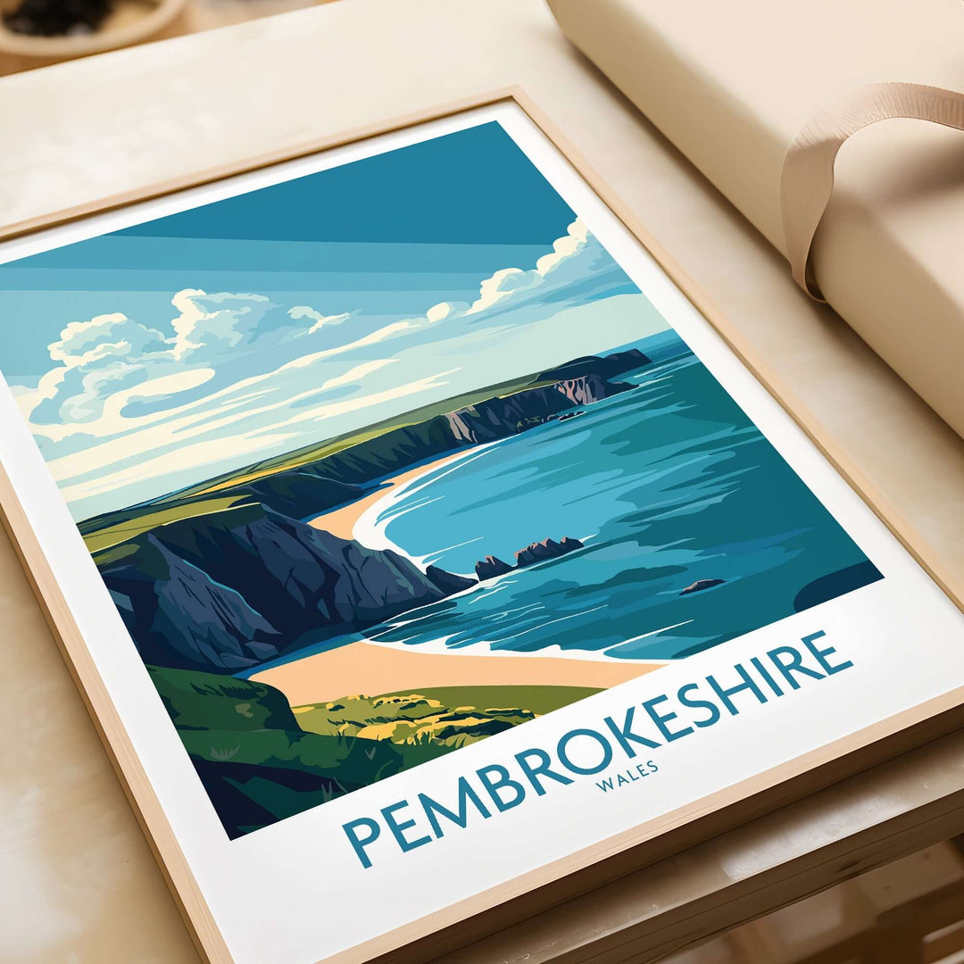 Pembrokeshire poster showcasing Wales' stunning coastline with vibrant colors and scenic views, perfect for home decor.