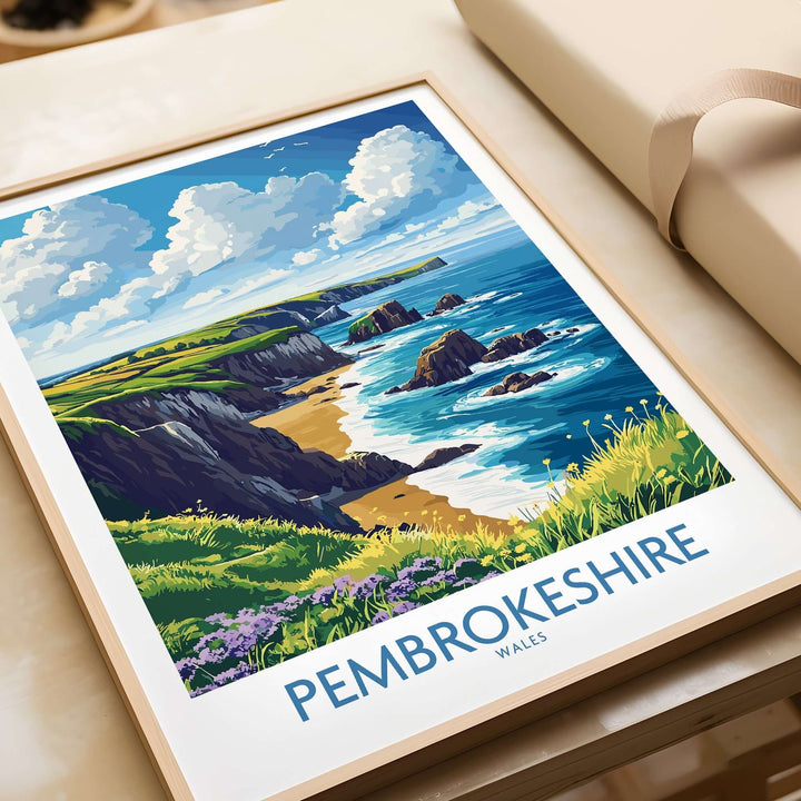 Pembrokeshire poster featuring vibrant coastlines and landscapes of Wales in a stylish frame.