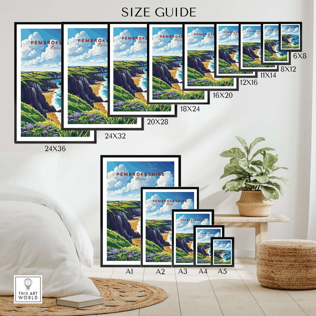 Size guide for Pembrokeshire Print showcasing various frame sizes against a stylish home backdrop.