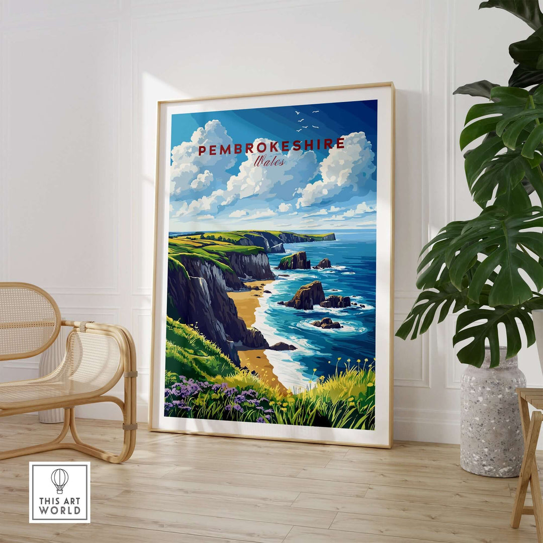 Pembrokeshire Print showcasing coastal cliffs and sparkling waters in a stylish room decor setting.